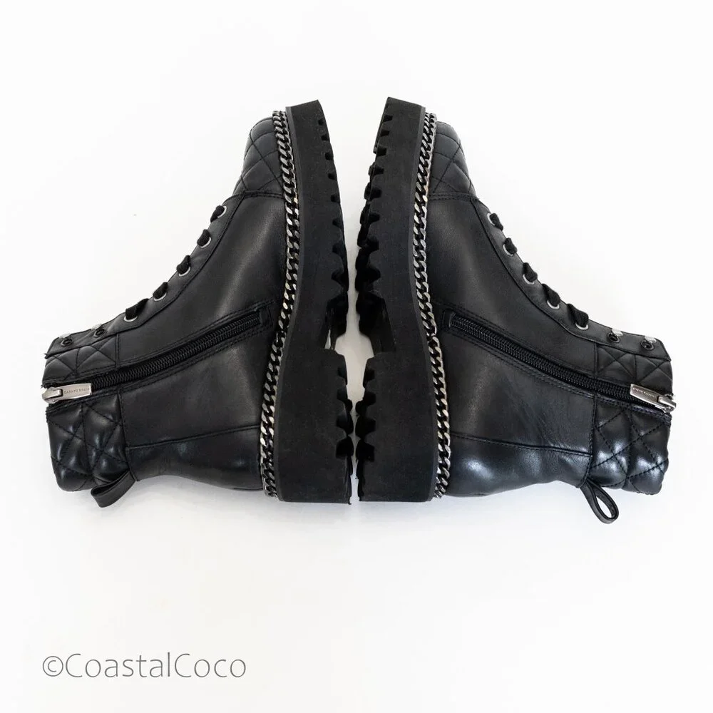 Vince Camuto Merindil Leather Combat Boots 8.5 Black Quilted Metal Chain Chunky - Picture 6 of 13
